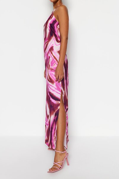 Trendyol Collection Nyakkendővel festett rózsaszín mintás ujjatlan egyenes szabású bélelt szatén ruha TWOSS23EL02238