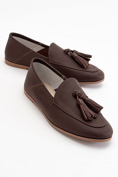 LuviShoes F04 Brown Skin Genuine Leather Tasseled Women's Loafer Shoes