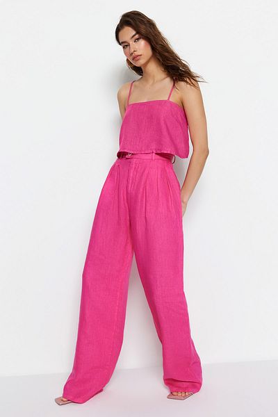 Trendyol Collection Ροζ 100% λινό πλισέ παντελόνι φαρδύ ψηλόμεσο TWOSS23JE00294