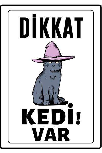 Emach Dizayn Dikkat Kedi Var Uyarı Ikaz Levhası Pvc Kaplama A4 Sarı Şapkalı