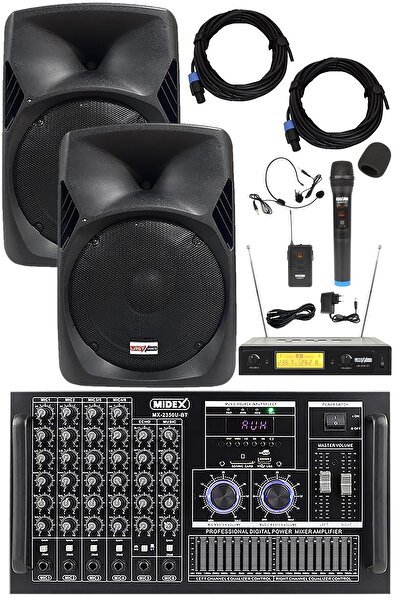 Midex Elit Paket-2 Profesyonel Ses Sistemi Mikser Amfi Hoparlör Mikrofon Ekip...