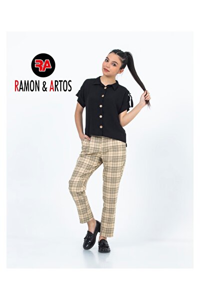 RAMON&ARTOS Karirano Prugasto Hlače za devojčice od tkanine sa tegovima, Kaiš...