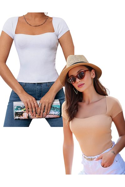 AQE FASHION Σετ μπλούζας με κοντό μανίκι U-Neck White & Camel 2 - σε ένα πακέτο