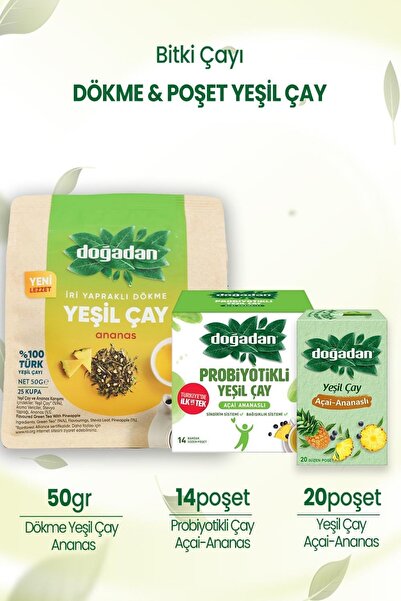 Doğadan Dökme Yeşil Çay Ananas 50 Gr & Açai Ananaslı Bardak Poşet Çay & Probi...