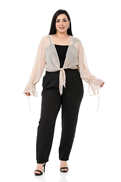 DISENTIS MODEST Plus Size Sleeve Detailed Tied Front Chiffon Beige Bolero