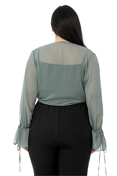 DISENTIS MODEST Plus Size Sleeve Detailed Tied Front Chiffon Water Green Bolero