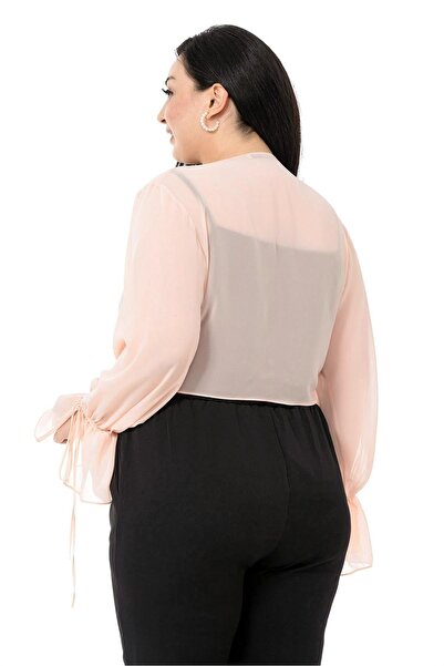 DISENTIS MODEST Plus Size Sleeve Detailed Tied Front Chiffon Powder Bolero