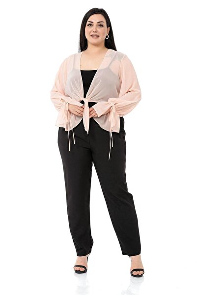 DISENTIS MODEST Plus Size Sleeve Detailed Tied Front Chiffon Powder Bolero