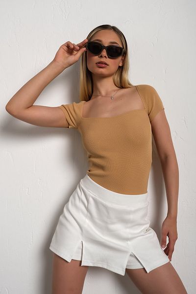 nosia fashion Γυναικείο μπλουζάκι με τετράγωνο γιακά Mink