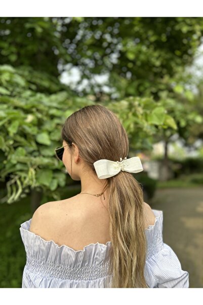 Pearly Handmade Λευκό ασημί λινό κορδέλα φιόγκος πόρπη με πέρλες αξεσουάρ μαλ...