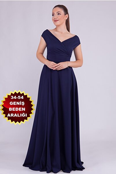 bayansepeti فستان نسائي مرن من قماش أطلس برقبة قارب وطول طويل أزرق داكن 237