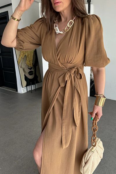 Ortaya Çık Brown Double Breasted Tie Linen Dress