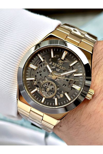 Reward Gold Color Steel Strap Automatic Business Men's Wristwatch + Bracelet Gift
