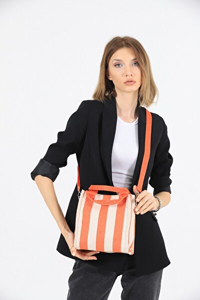 GÜLÇEM butik Kadın Kanvas Kumaş Turuncu Çizgili Pelo Omuz Çantası