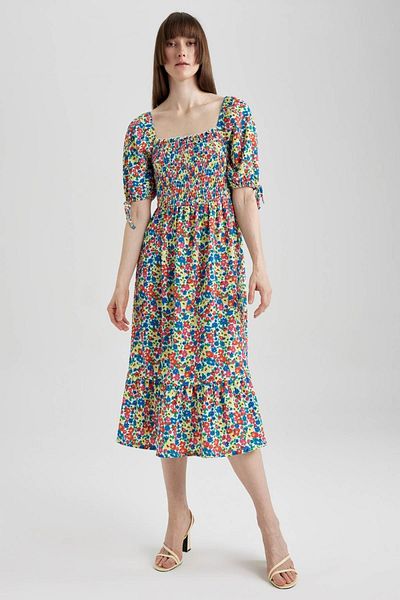 DeFacto Square Neck Floral Wrap Short Sleeve Midi Dress Y7034az23hs