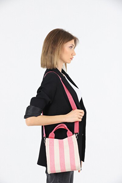 GÜLÇEM butik Kadın Kanvas Kumaş Pembe Çizgili Pelo Omuz Çantası