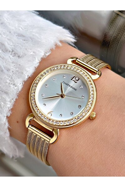 Chaperone Altın Renk Hasır Çelik Kordon Klasik Kadın Kol Saati + Bileklik Hed...