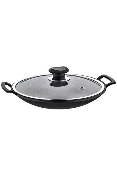 OMS PASLANMAZ Oms 3228 34 Cm Granite Glass Covered Roasting Pan Black