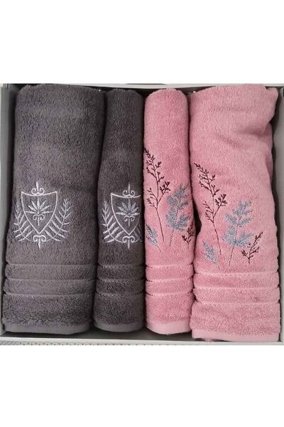 Özdilek Set de baie de 4 piese, set de prosoape de baie-frunză moale, roz ant...