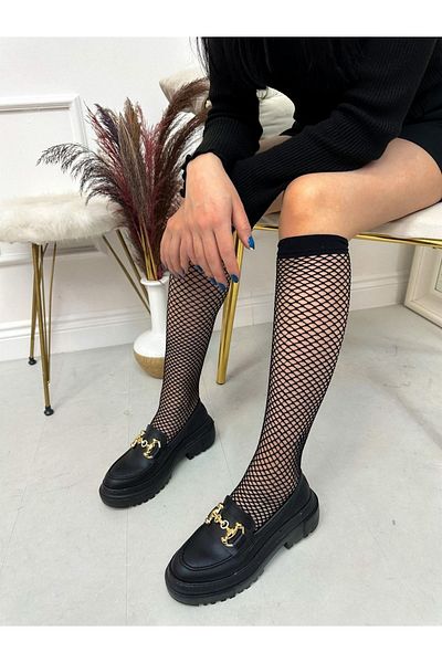 ERVANIN BUTİĞİ Black Skin (Mossible) Chain Detail Women's Loafer
