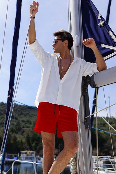 Miami Beach Men's Red Quick Dry Fabric Single Back Pocket Standard Size Swimsuit Swim Shorts