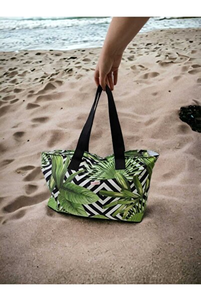 AHMERA حقيبة شاطئ منقوشة باللون الأخضر للنساء / حقيبة كتف / حقيبة عطلة