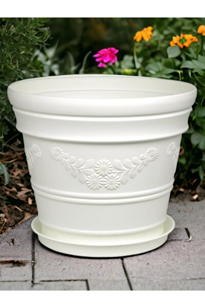 Melkan Home Antik Papatya Desenli Beyaz Renk Saksı 21 Litre