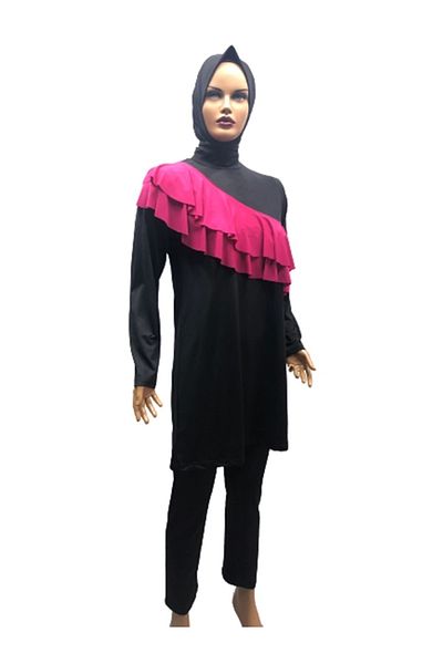eflin Women's Clothing Large Size Fusya Cross Valon Full Covered Hijab Swimsuit Black Including Bonnet