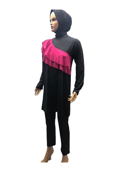 eflin Women's Clothing Large Size Fusya Cross Valon Full Covered Hijab Swimsuit Black Including Bonnet