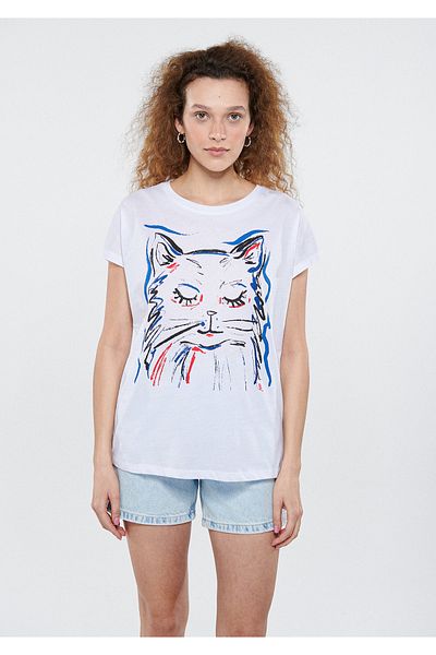 Mavi Tricou alb imprimat cu pisici, cu croială normală / croială normală 1611335-620