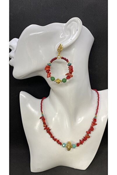 Porsuk Alternatif El Yapımı Etnik Doğal Taş (mercan) Kadın Kolye Küpe Set