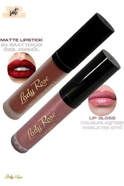 Lady Rose Lipstick Mat Ruj Ve Lip Gloss Dudak Parlatıcısı Make Up