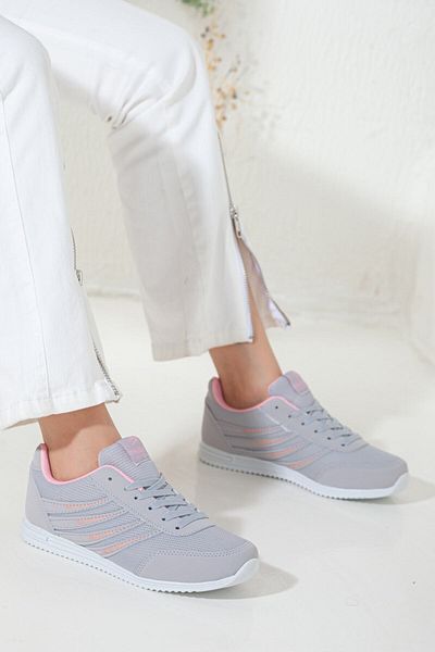 Rona Gifts Pantofi sport pentru femei, gri, roz, cu șireturi, talpă confortabilă, respirabili, pantofi sport