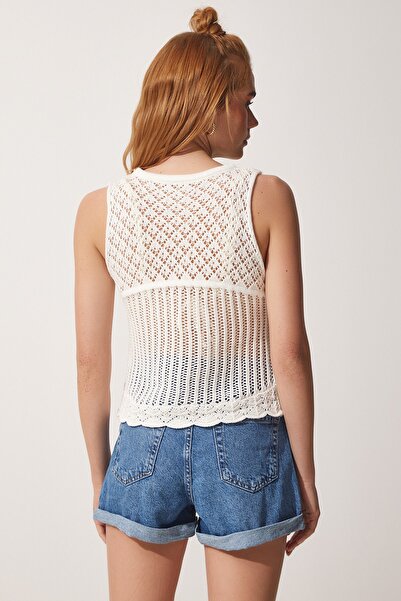 Happiness İstanbul Γυναικεία καλοκαιρινή πλεκτή μπλούζα λευκή ανοιχτή Kİ00084