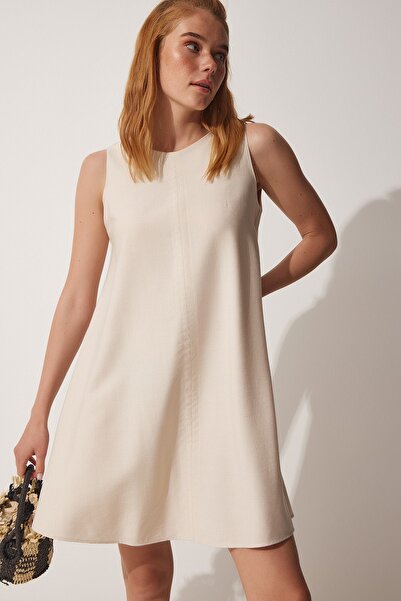 Happiness İstanbul Dámské krémové letní tkané šaty A-Line BF00067