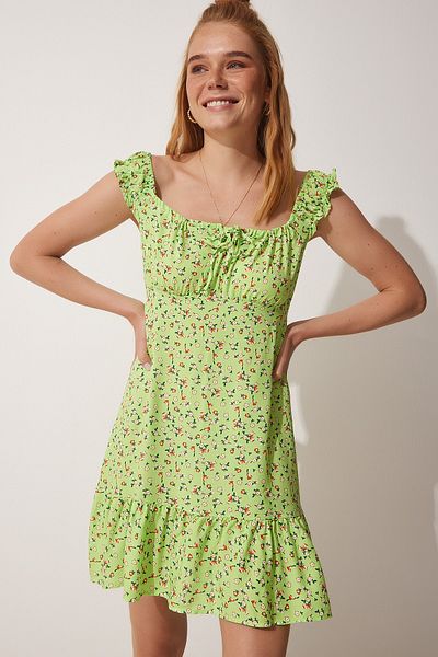 Happiness İstanbul Women's Green Floral Summer Gathered Viscose Dress DD01218