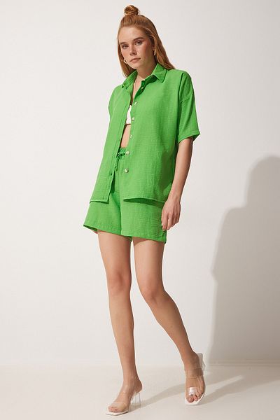 Happiness İstanbul Women's Green Summer Linen Shirt Shorts Set CI00082