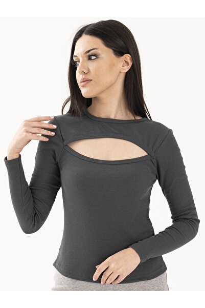 Teseteks Kadın Göğüs Dekolteli %100 Pamuk Fitilli Bluz Kemer Üstü