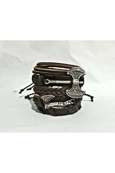 BSN Store Viking Scandinavian Axe Thor Brown 5 Pieces Genuine Leather Bracelet
