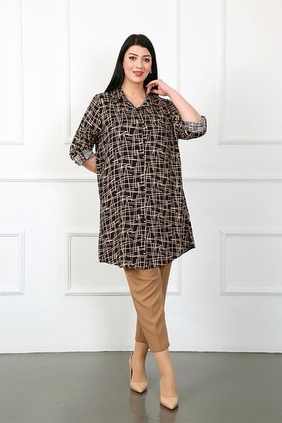 By Alba Collection Plus Size Tan Striped Cotton Viscose Women's Tunic
