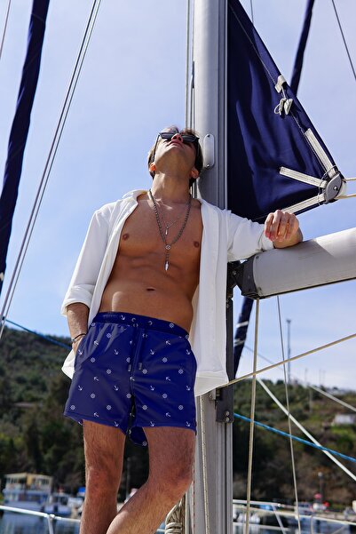 Miami Beach Men's Navy Blue Marine Anchor Printed Standard Size Swimsuit Sea ...