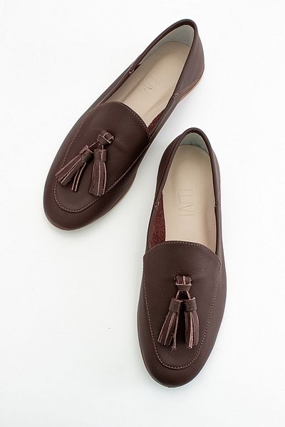 LuviShoes F04 Brown Skin Genuine Leather Tasseled Women's Loafer Shoes