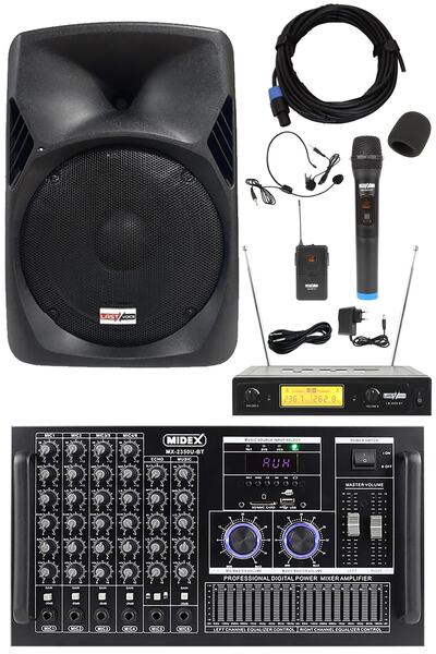 Midex Elit Paket-1 Profesyonel Ses Sistemi Mikser Amfi Hoparlör Mikrofon Ekip...
