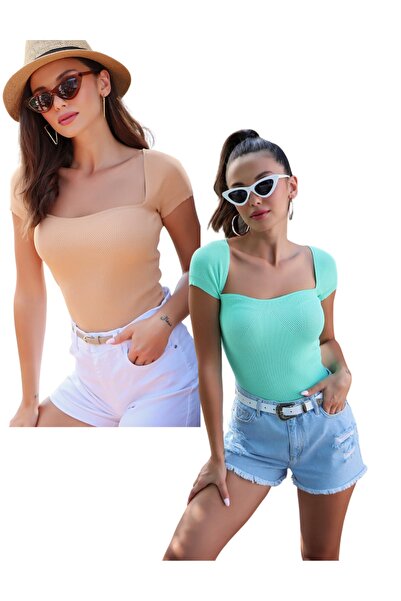 AQE FASHION U-izrez, kratki rukavi, bluza u boji kamile i zelene, set od 2 ko...