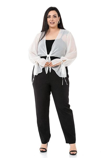 DISENTIS MODEST Plus Size Sleeve Detailed Tied Front Chiffon White Bolero