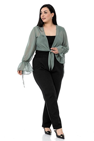 DISENTIS MODEST Plus Size Sleeve Detailed Tied Front Chiffon Water Green Bolero