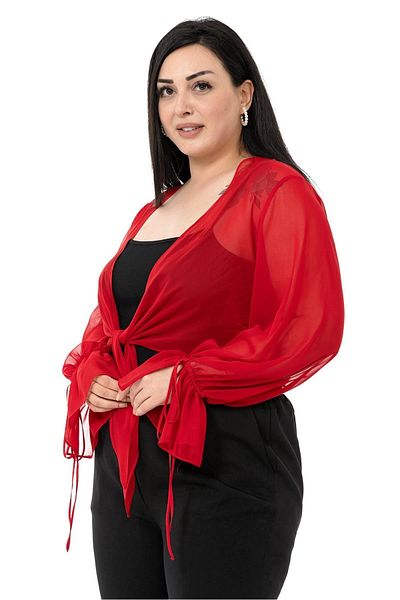 DISENTIS MODEST Plus Size Sleeve Detailed Tied Front Chiffon Red Bolero