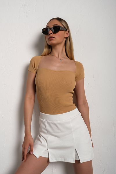 nosia fashion Γυναικείο μπλουζάκι με τετράγωνο γιακά Mink