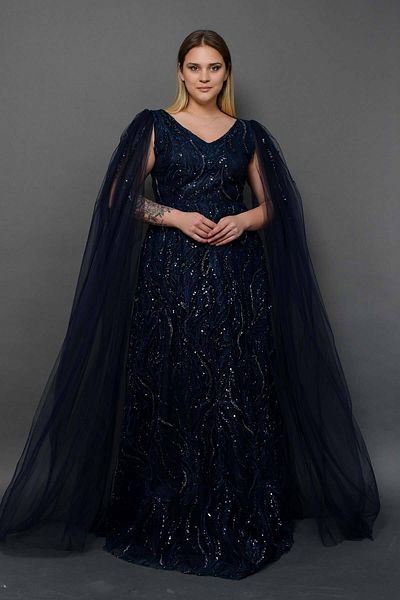 2K&M Bead Embroidered Sequined Long Sleeve Detailed Plus Size Evening Dress