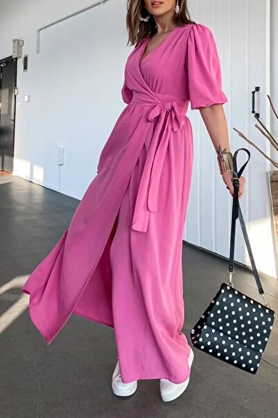 Ortaya Çık Pink Double Breasted Tie Linen Dress